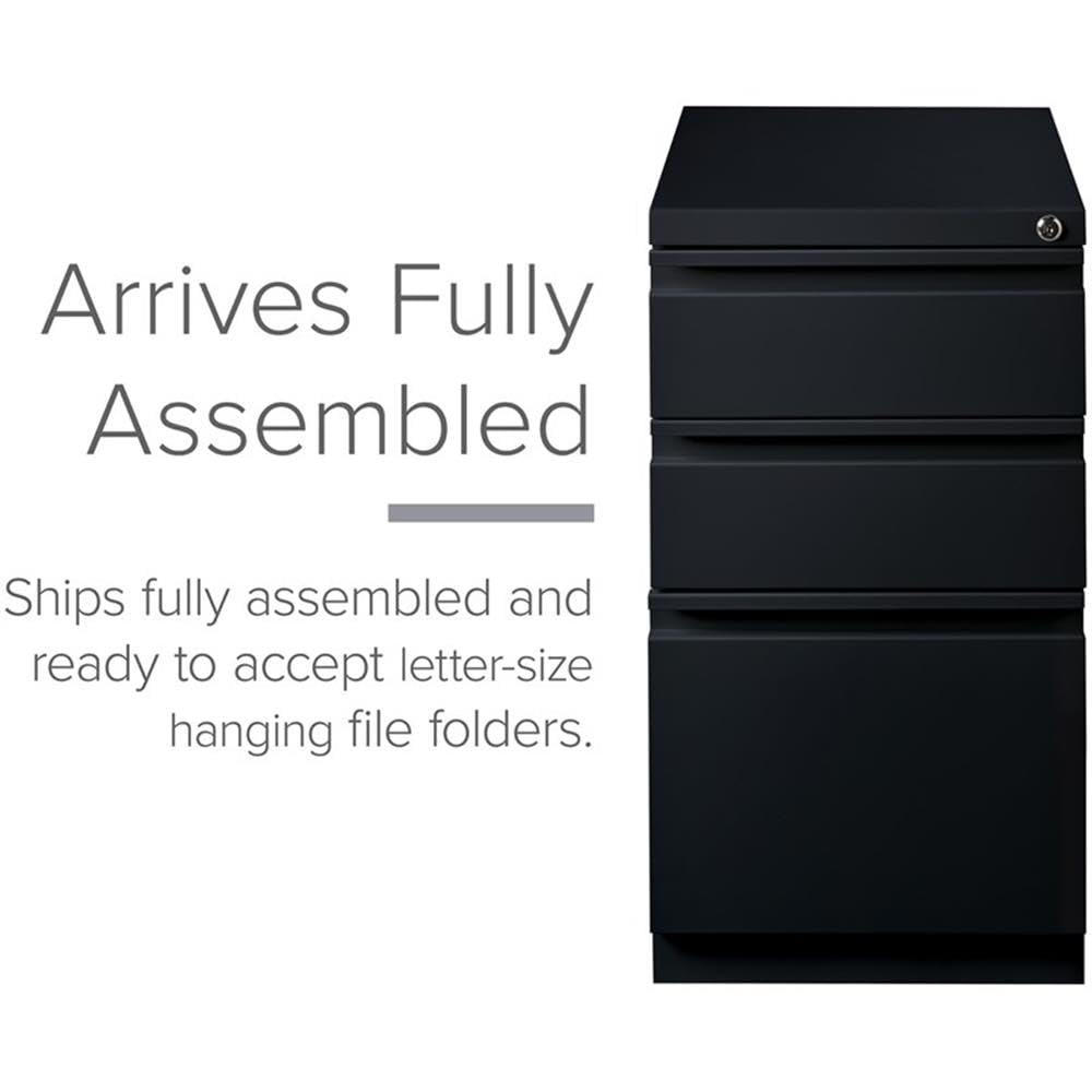 Hirsh Industries 3-Drawer Metal Mobile Pedestal, 20" Deep Box/Box/File Configuration, Black Finish, 27.75" H x 15" W x 19.88" D, Locking File Cabinet with Hidden Casters, Office Storage Solution