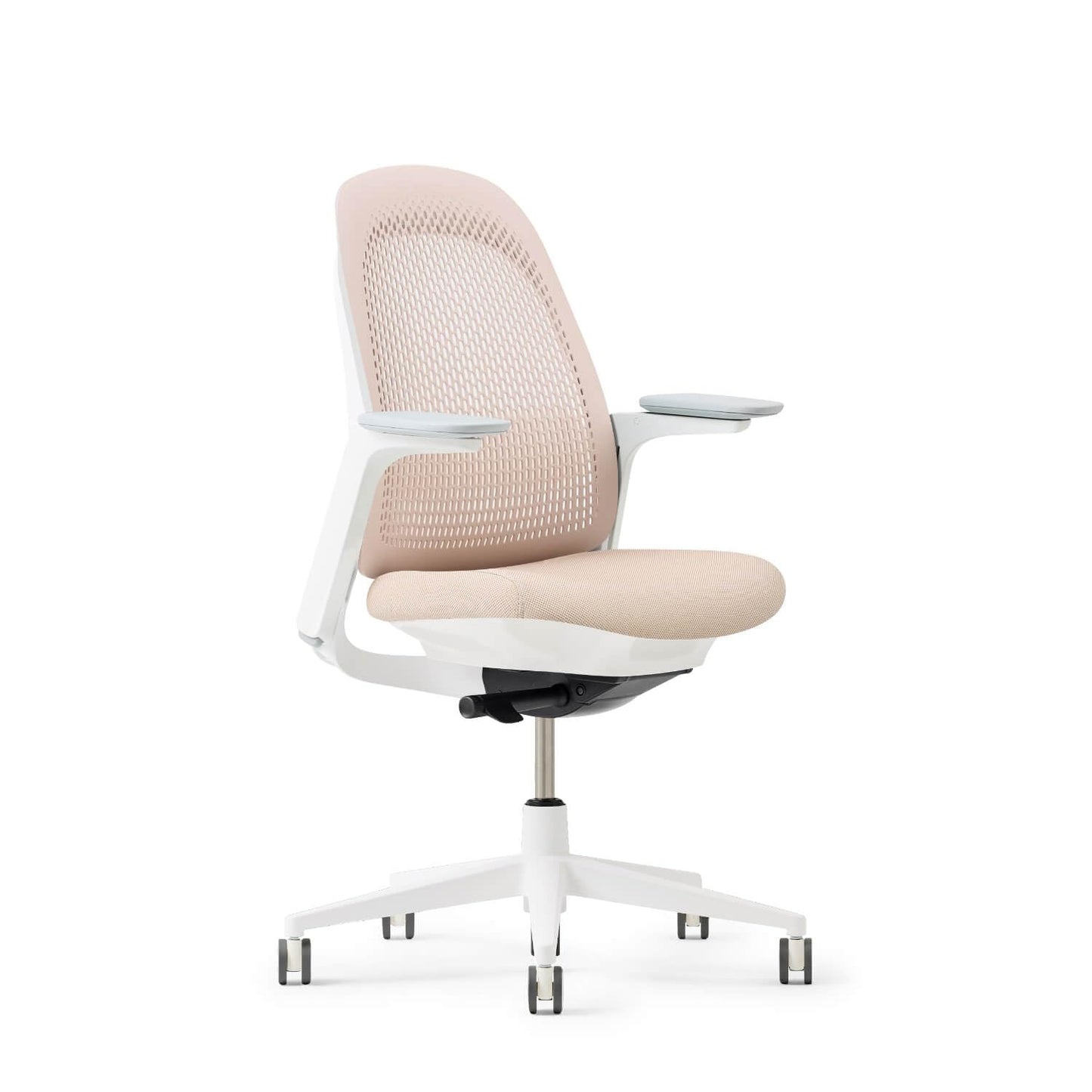Haworth Breck Office Chair - Ergonomic Desk Seat with Height-Adjustable Lumbar Support, White Trim, Duo-Tone Hard Casters, and 4D-Arms (Blush)