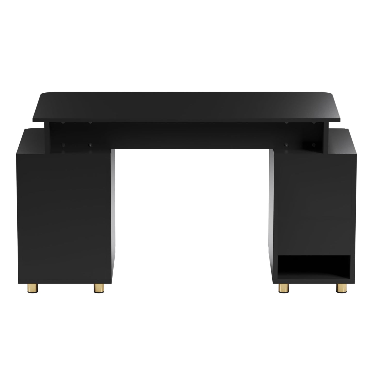 Elegant 57" W Executive Desk with 3 Drawers and Storage Cabinet, Modern Office Desk with Gold Accents, Floating Work Surface, Closed Storage with Ventilation & Adjustable Shelf (Black,Gold)