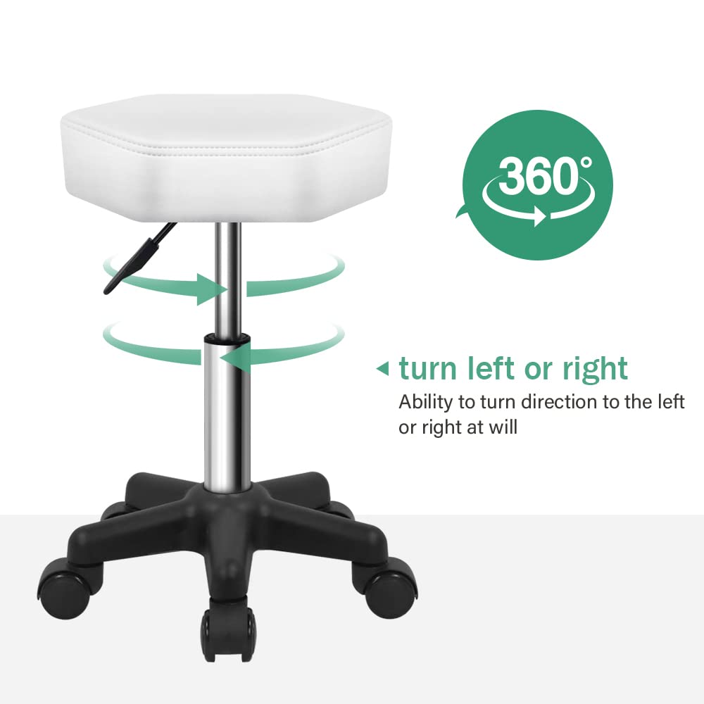 FURWOO Hexagon Rolling Stool Height Adjustable Stool with Wheels for Spa Salon Massage White