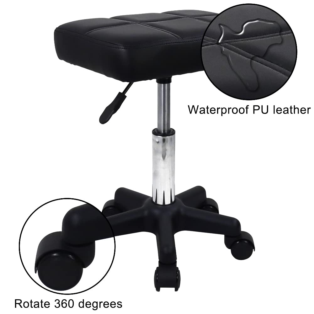 FURWOO Rectangle Rolling Stool with Wheels Height Adjustable Swivel Stool Chair for Spa Salon Massage Black