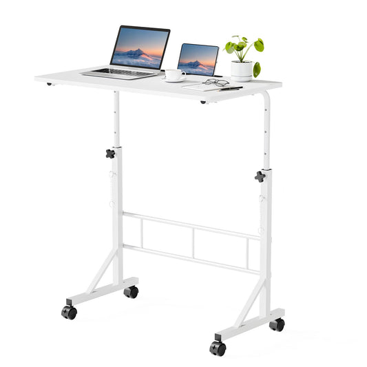 DUMOS 31.5" Adjustable Height Mobile Desk with Locking Wheels & Pin-Lock, Portable Workstation for Walking Pad & Active Home Office, Small Bedroom Desk, White