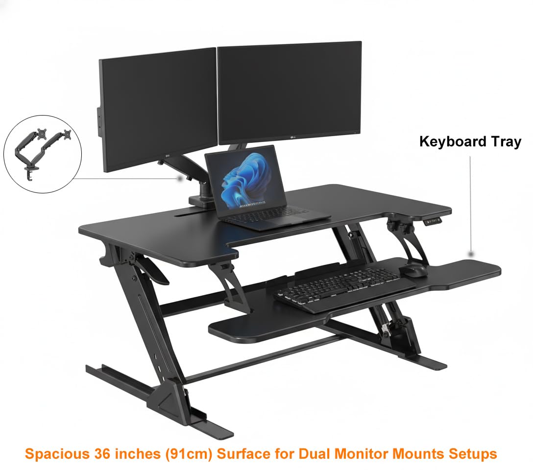 NSY Audio Standing Desk Converter 36 x 24 Inches - Height Adjustable Sit to Stand Riser with Keyboard Tray, Ergonomic Workstation for Home Office, Black
