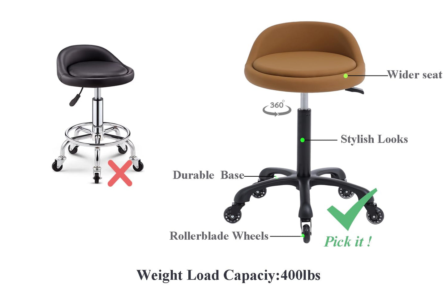 Syiole Rolling Salon Stool Chair with Back Support Hydaulic Height Adjustable on Swivel Wheels Heavy Duty for Hair Cutting Esthetician Tatto Beauty Spa Bar Lab Clinic Kitchen Office Home (Camel)