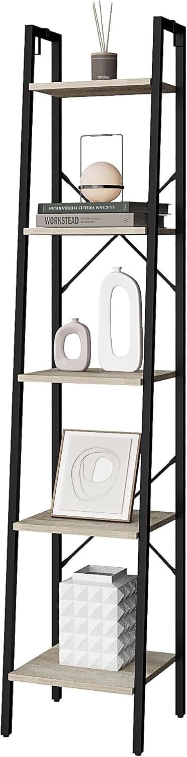 Hzuaneri Ladder Shelf, Bookshelf Bookcase, Freestanding Corner Storage Shelve with 2 Hooks for Home Office, Living Room, Kitchen, Bedroom, Industrial, 11.8" D x 13.4" W x 63" H, Greige BC03205B