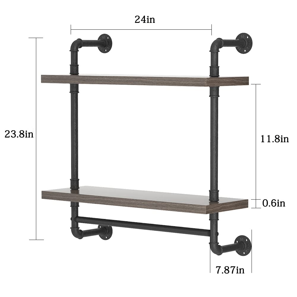 Helsin 2 Tier Wood Floating Shelves Towel Rack, Industrial Pipe Bathroom Shelves Wall Mounted with Towel bar, Wall Display Storage Shelf for Home & Bathroom Decor (Gray, 24inch)