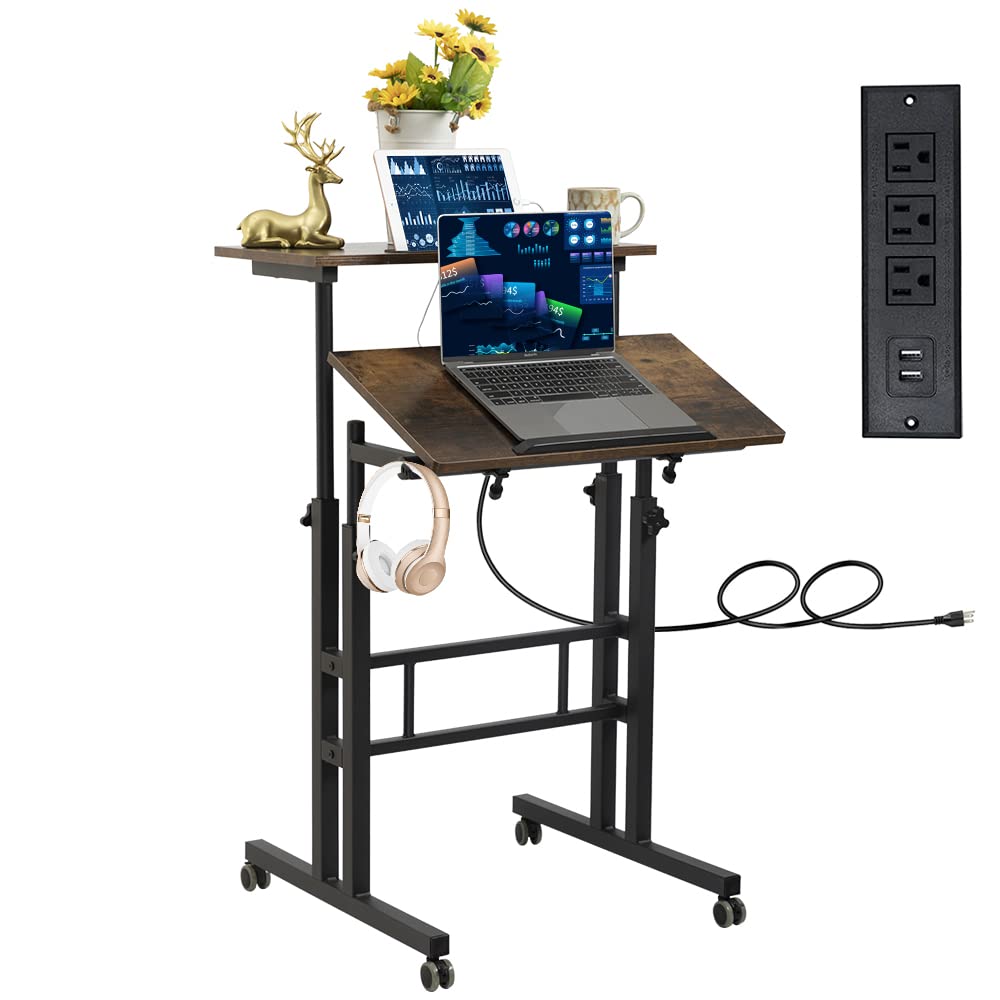 Hadulcet Mobile Standing Desk with Wheels, Rolling Desk Adjustable Height, Portable Laptop Table with Charging Station, Sit Stand up for Home Office, Study, Classroom, Rustic Brown