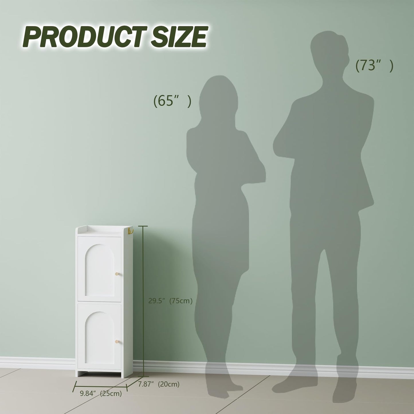 Arbuxzuy Small Bathroom Storage Cabinet,Corner Floor Cabinet with 2 Doors and Adjustable Shelf, Narrow Toilet Paper Cabinets with 2Hooks,Toilet Organizer for Small Spaces，7.87"D*9.84"W*29.72"H(White)