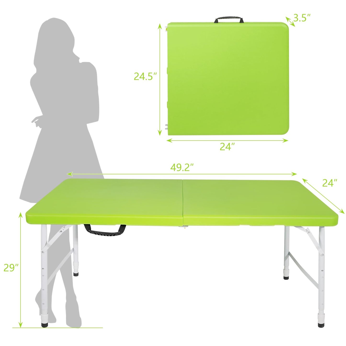 SculPong 4 FT Folding Table with Carry Handle, Portable Fold-in-Half Plastic Table, Rectangle Foldable Table for Indoor/Outdoor Green
