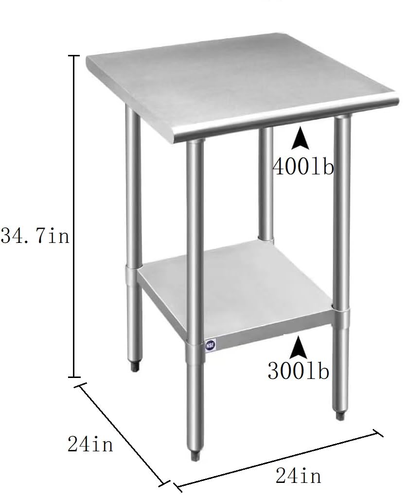 ROCKPOINT Stainless Steel Table for Prep & Work 24x24 Inches, NSF Metal Commercial Kitchen Table with Adjustable Under Shelf and Table Foot for Restaurant, Home and Hotel