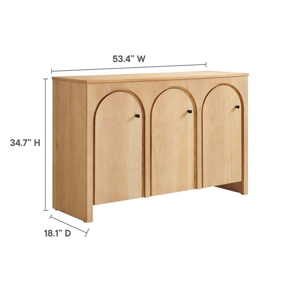 Modway Appia 53.4 Inch 3 Door Storage Cabinet in Oak Wood Veneer - Arched Door Accent Credenza - Modern Sideboard - Adjustable Shelf Buffet - Mid-Century Storage Furniture - Console TV Stand