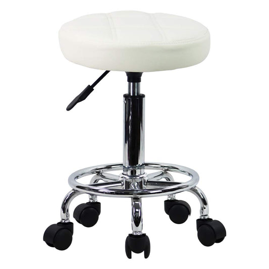 KKTONER Round Rolling Stool Chair PU Leather Height Adjustable Swivel Drafting Work SPA Shop Medical Salon Stools with Wheels Office Chair Small (White)