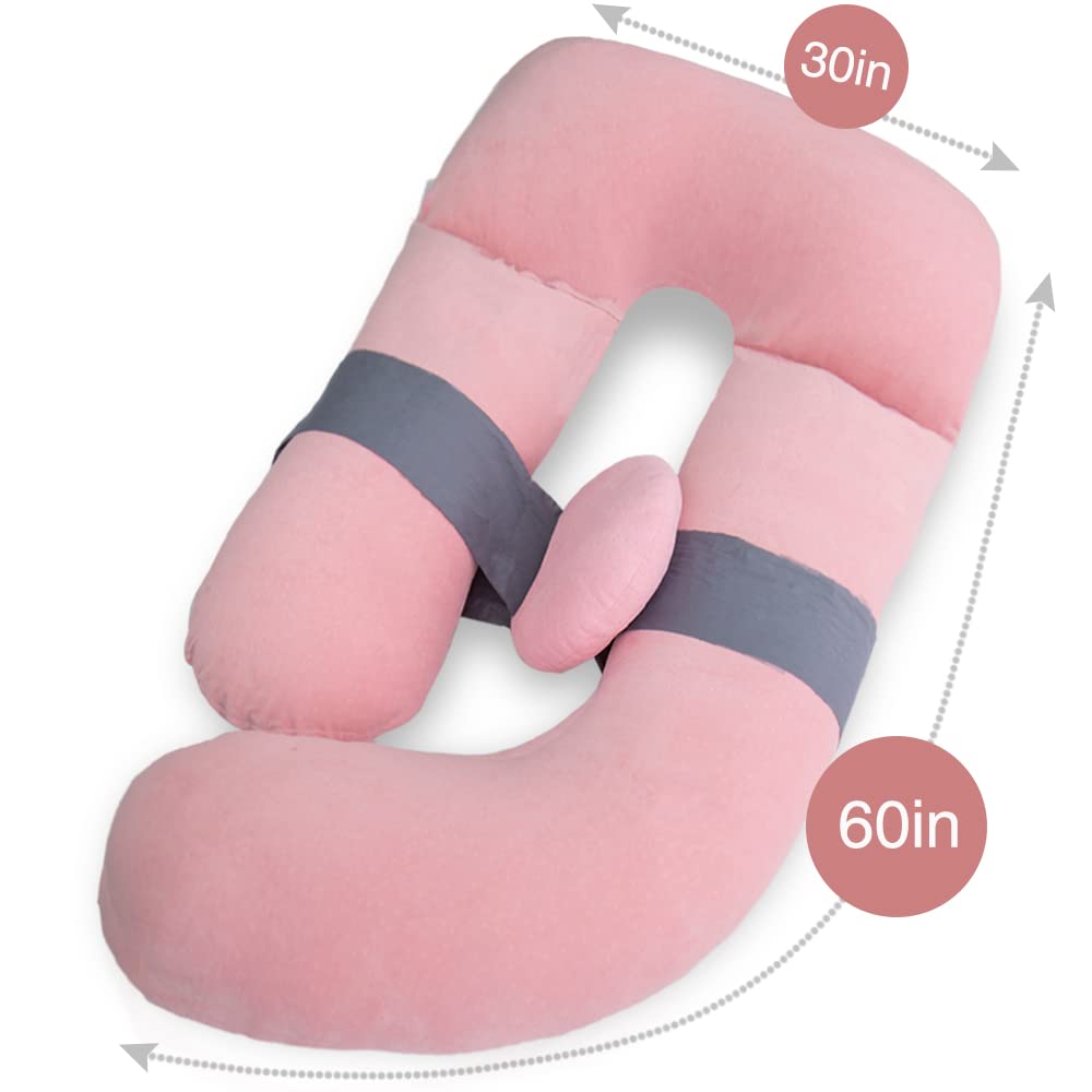 AS AWESLING 60in Full Body Pillow | Nursing, Maternity and Pregnancy Pillow | Extra Large U Shape Pillows with Detachable Side, Separate Support Pillow and Removable Cover Velvet (Light Pink)