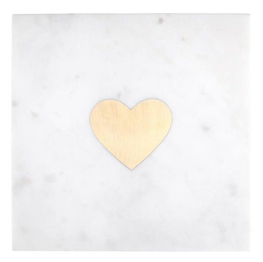 Santa Barbara Design Studio White Marble Charcuterie Cheese Tray, Brass Heart Icon, 10" Square