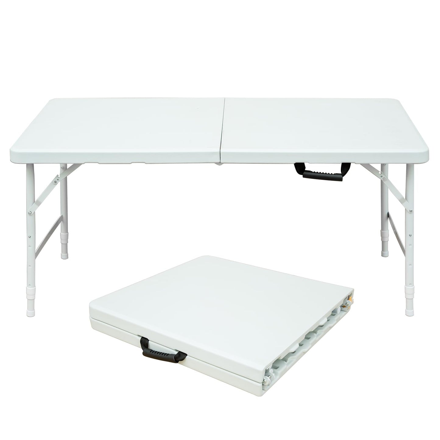 SculPong 4 FT Folding Table with Carry Handle, Portable Fold-in-Half Plastic Table, Rectangle Foldable Table for Indoor/Outdoor White