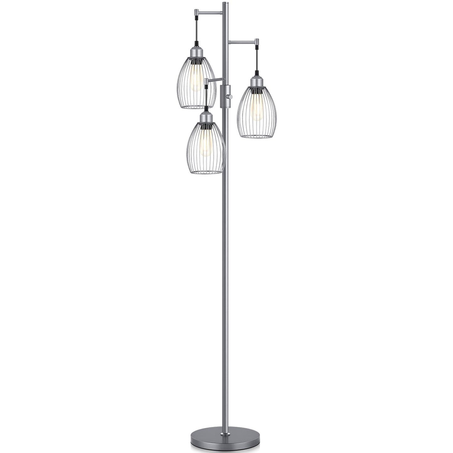 Torondo Dimmable Industrial Floor Lamps for Living Room, Gray Tree Standing Tall Lamps with 3 Elegant Teardrop Cage Head & 800 Lumens LED Bulbs for Bedroom Office