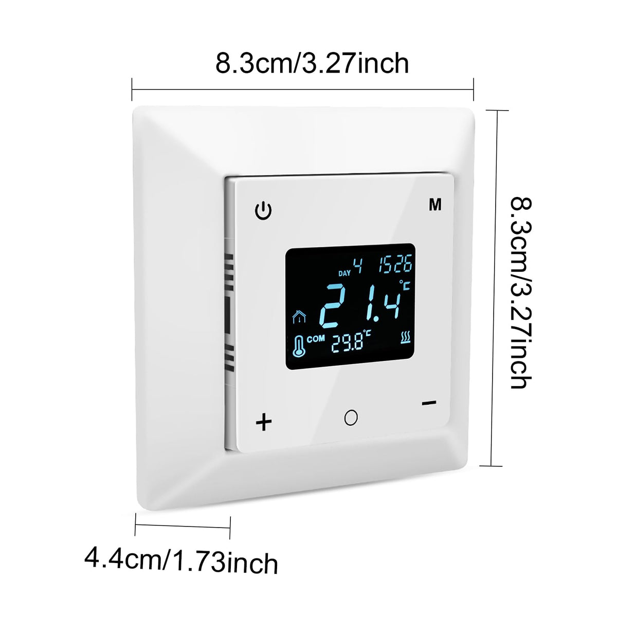 Touchscreen Programmable Thermostat for Electric Floor Heating System, 7-day Timing Settings Backlight LCD Display Safety Lock Automatic Calibration Low Temperature Protection NTC Floor & Air Sensing