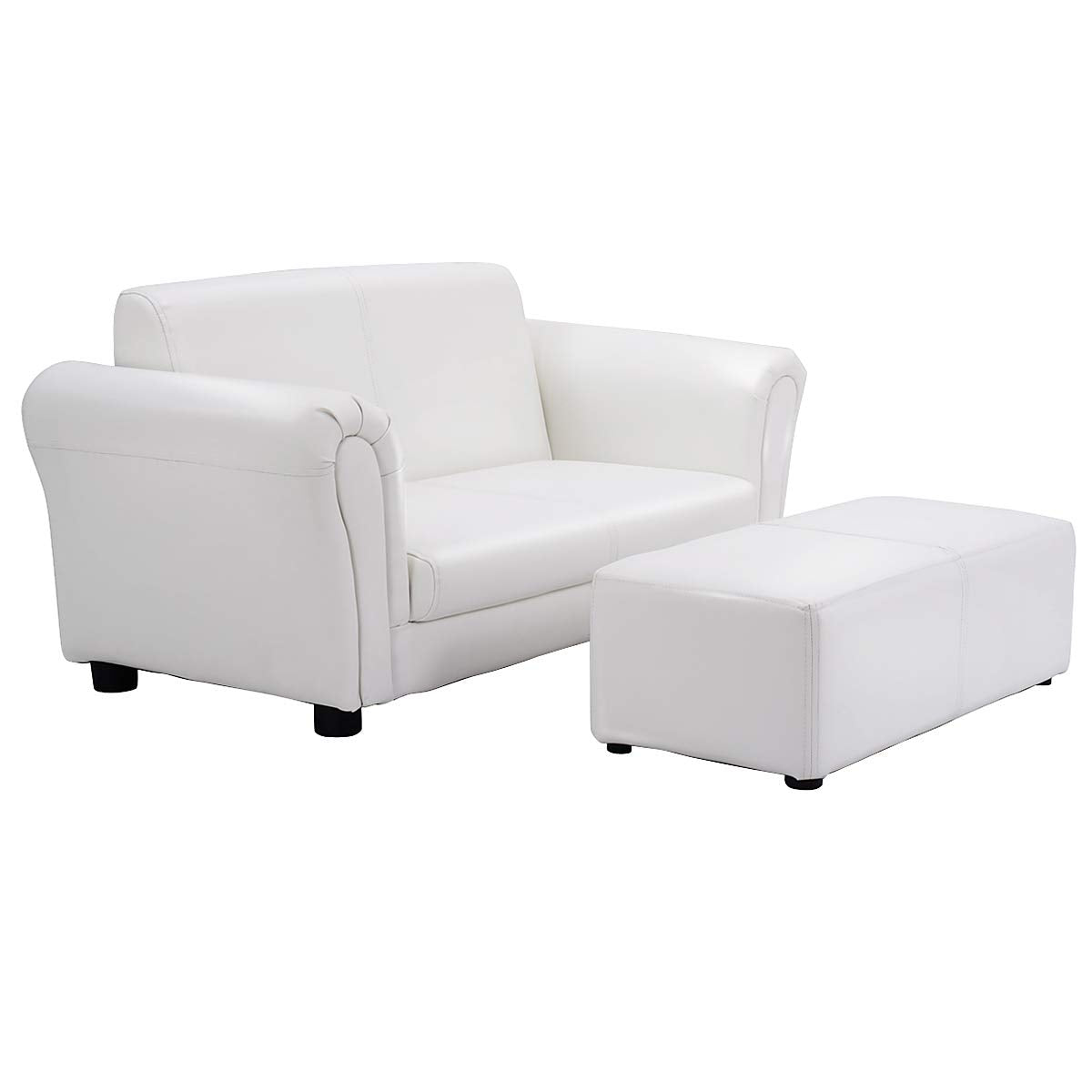 Costzon Kids Couch with Footstool, 2 in 1 Double Seat Children's Sofa w/PU Leather Surface, Armrest Chair Lounge, Soft Sofa for Preschool Bedroom Kids Room Toddlers Boys Girls Birthday (White)