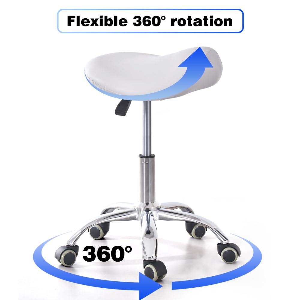 CAISHI Ergonomic Saddle Rolling Stool for Salon Office Bar Tattoo Lash Tech Manicure Kitchen Hygienic Home Eyelash Artist Spa Metal Stool with Wheels Adjustable Seat Chair,White