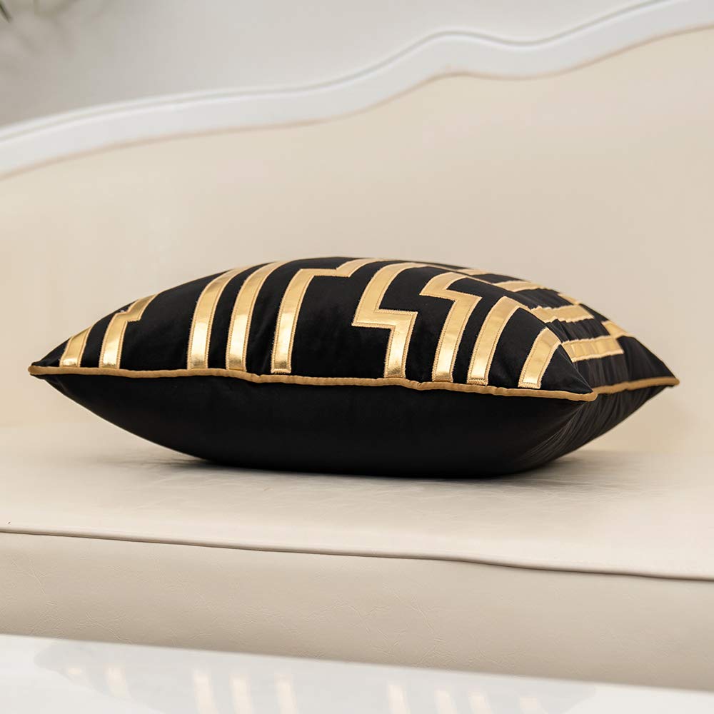 Alerfa Gold Leather Striped Black Throw Pillow Cover 18x18 Inch, Geometric Luxury Decorative Embroidered Velvet Pillow Cover for Couch Living Room Bedroom
