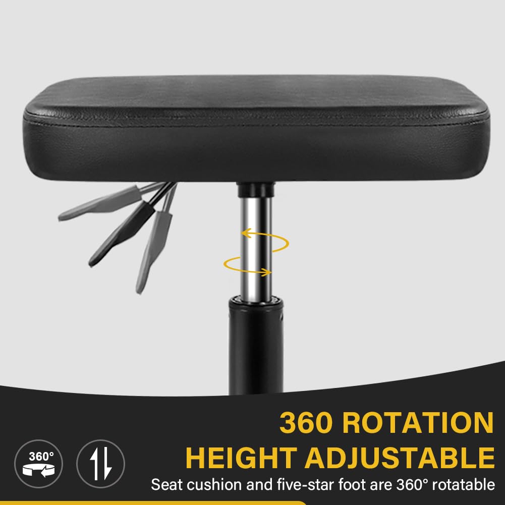 WKWKER Rolling Stool Height Adjustable 360° Swivel Stool with Wheels Square Seat PU Leather Rolling Stool for Bedroom Counter Shop Salon Massage Home Office Desk (Black)
