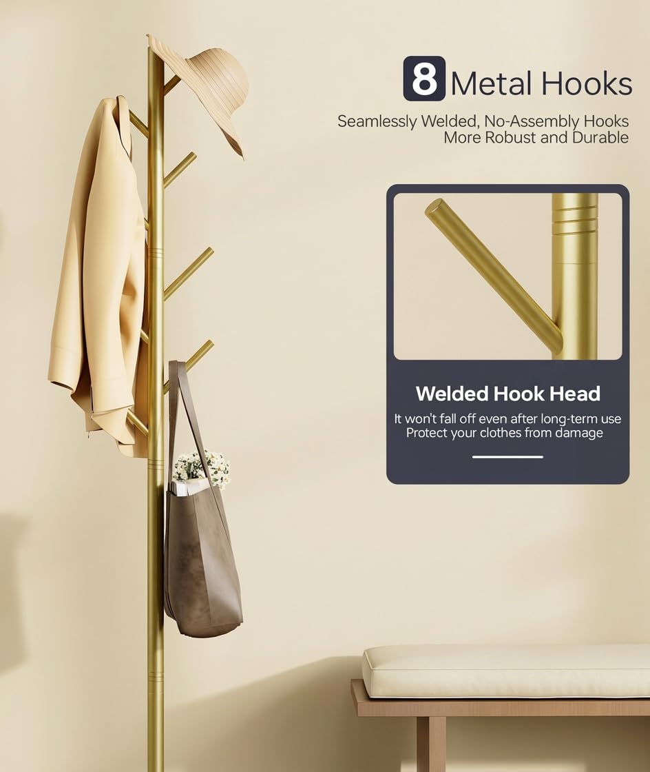 Tujurich Coat Rack with 8 Hooks, 3 Adjustable Heights, Modern Hall Tree, Sturdy Metal Clothes Stand with Sintered Stone Base for Entryway, Office, Bedroom, for Coats, Hats, Handbags and Scarves, Gold