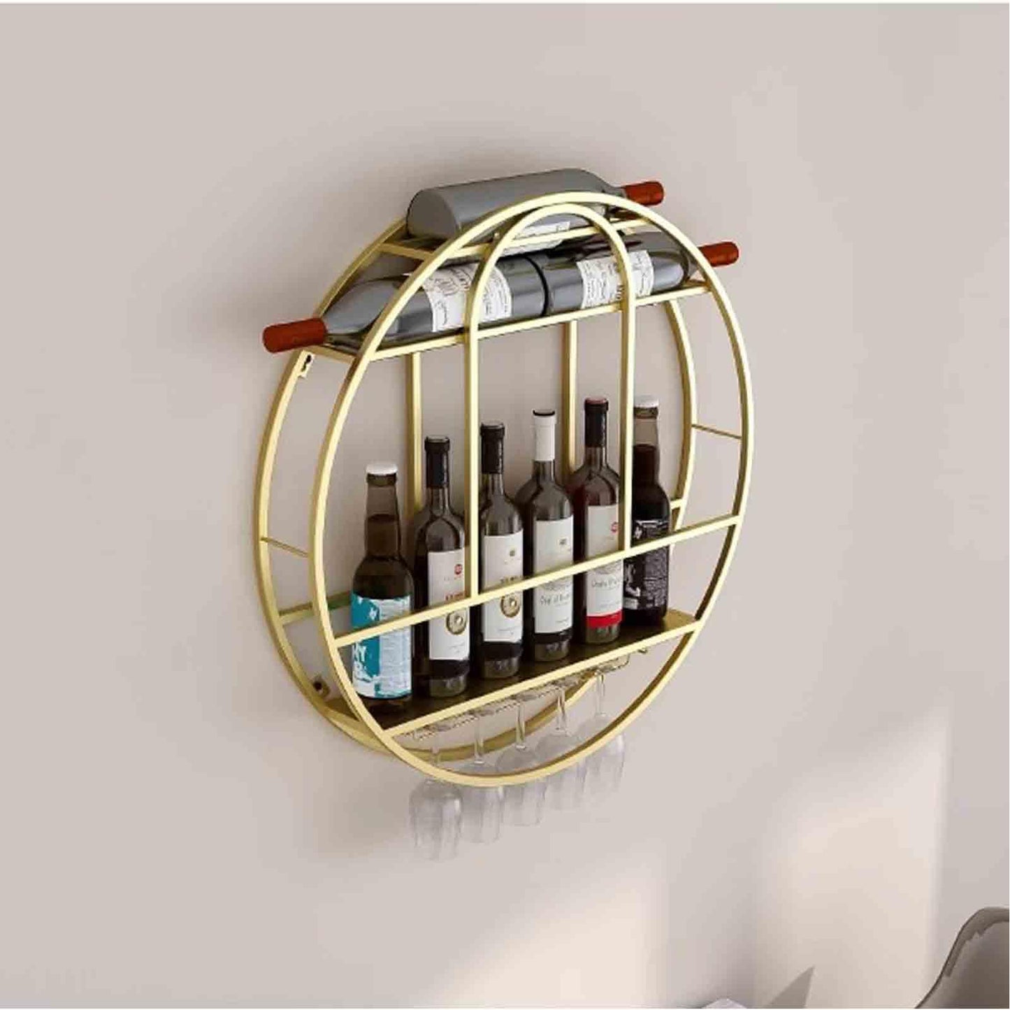 Wall-Mounted Hanging Wine Rack, Iron Bottle Shelf & Glass Stemware Organizer, Stylish Home & Bar Display, 60x11x60cm, Gold Liquor Storage for Kitchen & Cafe