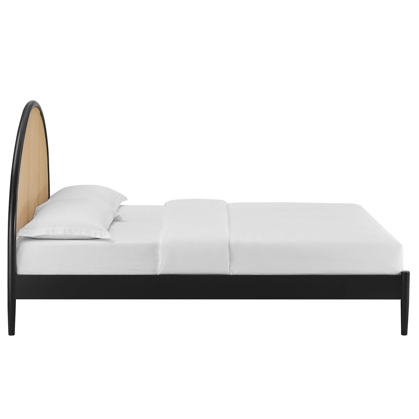 Modway Odette Arched Queen Platform Bed in Black with Rattan Cane Headboard – Wooden Queen Half Moon Bed Frame – Mid-Century Modern Queen Size Platform Bed Frame