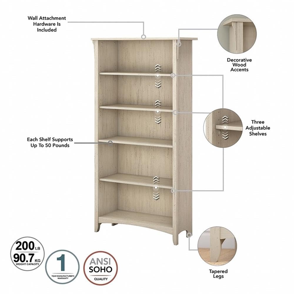 Bush Home Salinas Tall 5 Shelf Bookcase - Set of 2 in Antique White, Vertical Office Storage, Bookshelves for Home Workspace, Multi-Purpose Shelving Units