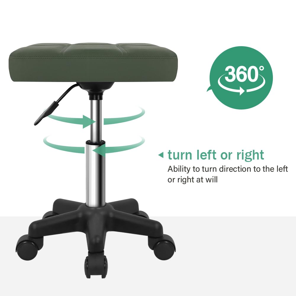 FURWOO Rectangle Rolling Stool with Wheels Height Adjustable Swivel Stool Chair for Spa Salon Massage Green