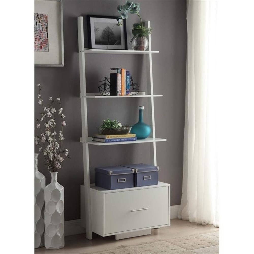 Convenience Concepts American Heritage Ladder Bookshelf with File Drawer 24.75" - Classic Living Room Bookcase with Filing Cabinet for Office, Den, White