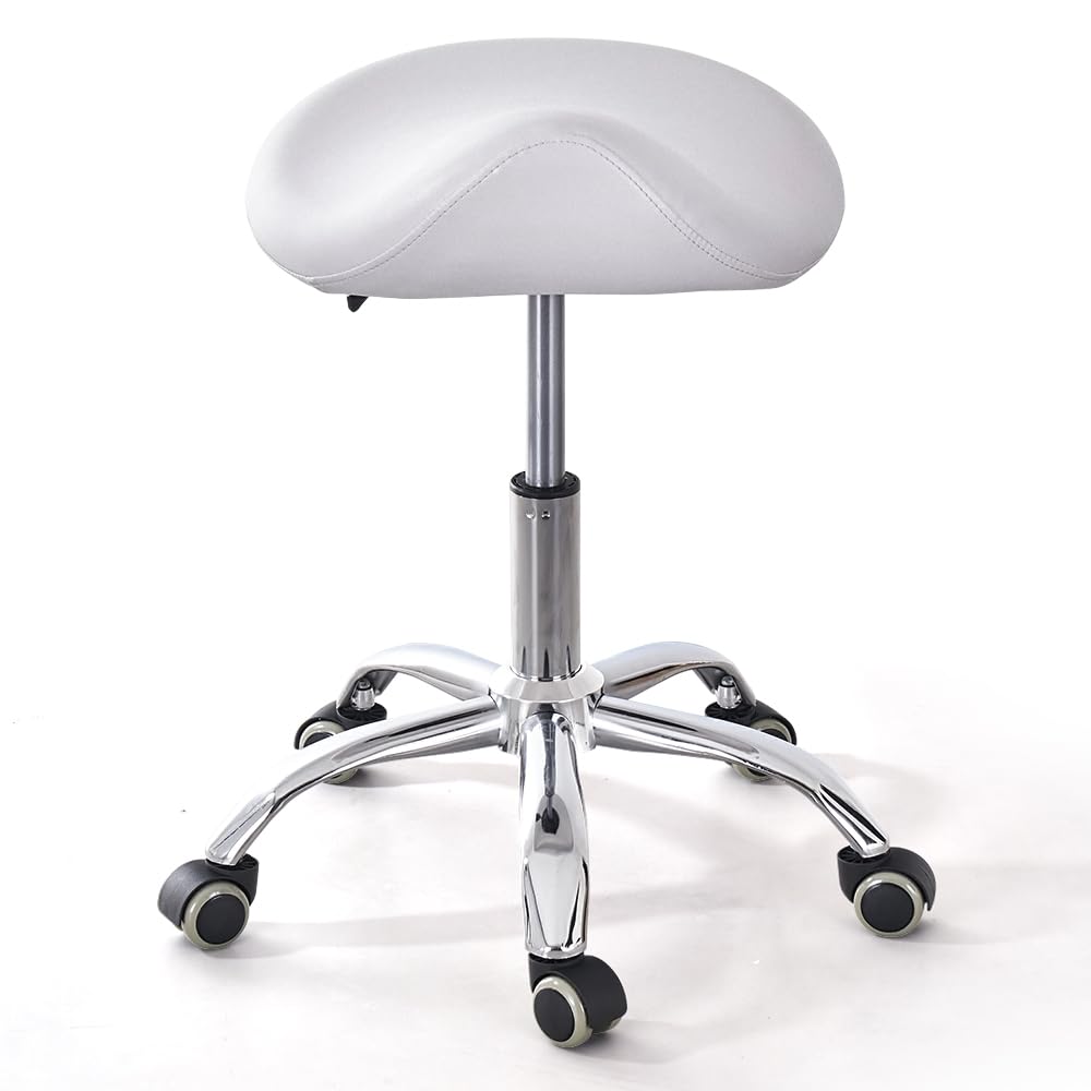 CAISHI Ergonomic Saddle Rolling Stool for Salon Office Bar Tattoo Lash Tech Manicure Kitchen Hygienic Home Eyelash Artist Spa Metal Stool with Wheels Adjustable Seat Chair,White