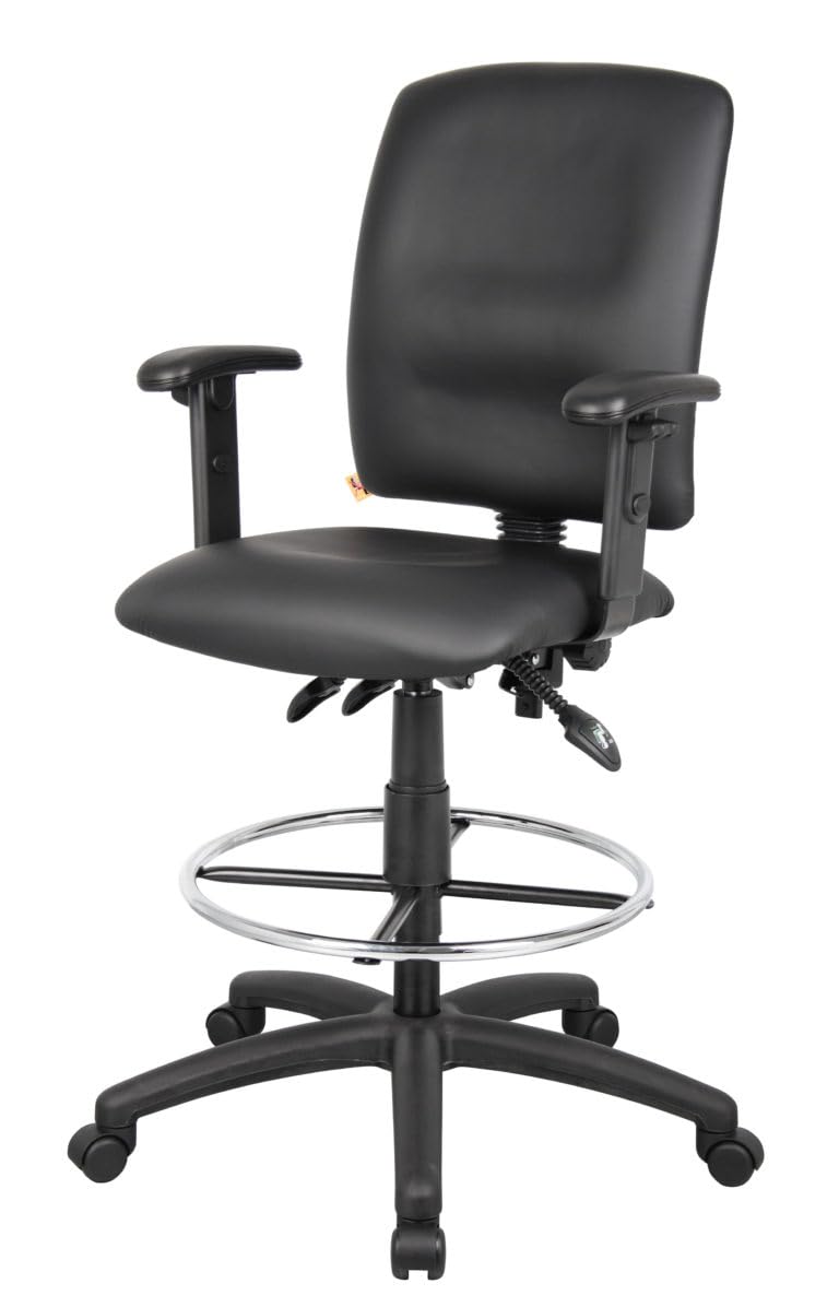 BOSS Office Products B1646 Multi-Function LeatherPlus Drafting Stool with Adjustable Arms, Black