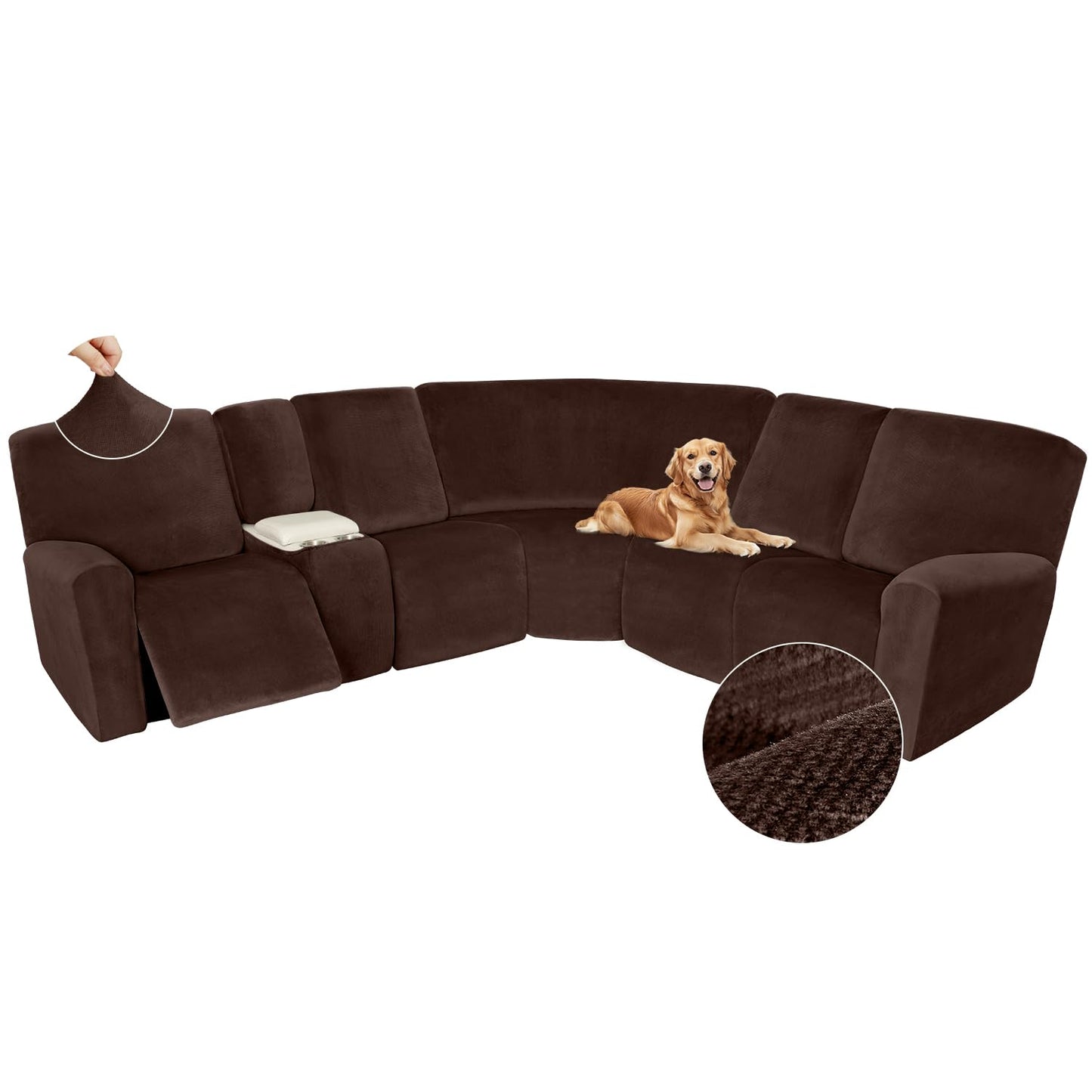 Arfntevss Sectional Recliner Couch Covers Velvet Washable Corner Sectional Sofa Cover for Reclining Stretch Soft Thick L Shape Recliner Slipcover Set (5 Seat with 1 Console Cover, Dark Brown)