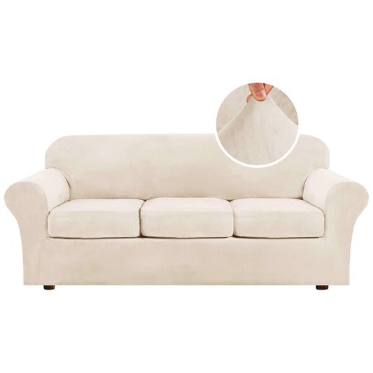 H.VERSAILTEX Modern Velvet Plush 4 Piece High Stretch Sofa Slipcover Sofa Cover Furniture Protector Form Fit Thick Velvet Sofa Cover for 3 Cushion Couch Width Up to 90 Inch (Sofa, Cream)