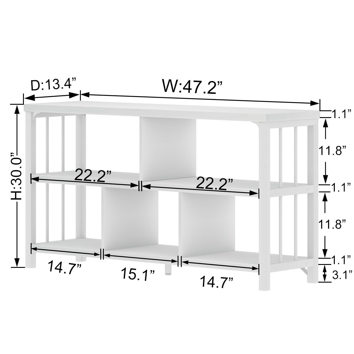 IBF White Wood Bookshelf, Industrial Horizontal Cubby Book Shelf, Low Open Shelf Bookcase for Office Living Room, Modern Short Wide 5 Cube Storage Organizer for Books Display Bedroom, White Oak, 47 In