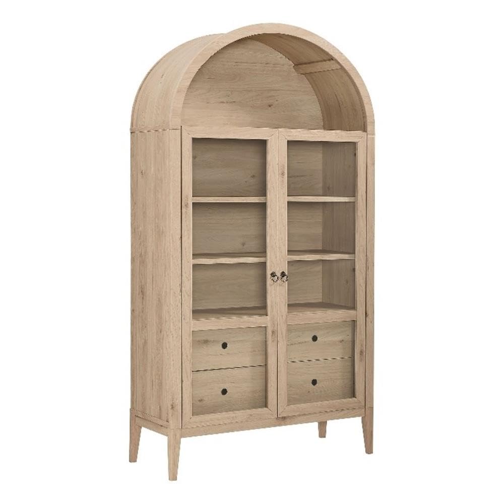 Modway Nolan Tall Arched Storage Display Cabinet in Light Oak - 74 Inch Arch Bookshelf with Glass Doors, Shelves and Drawers - Modern Accent Cabinet for Living Room, Dining Room