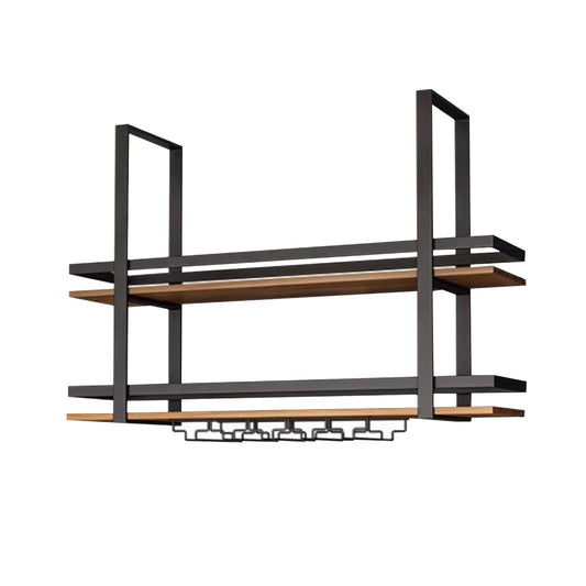 Tatitzro Ceiling Wine Glass Rack - Hanging Bottle Shelf with Metal Frame, 2 Layer Industrial Wall Mounted Wine Glass Holder, Black Wine Display Storage Shelf for Bar Cafe Kitchen(60x30x80cm