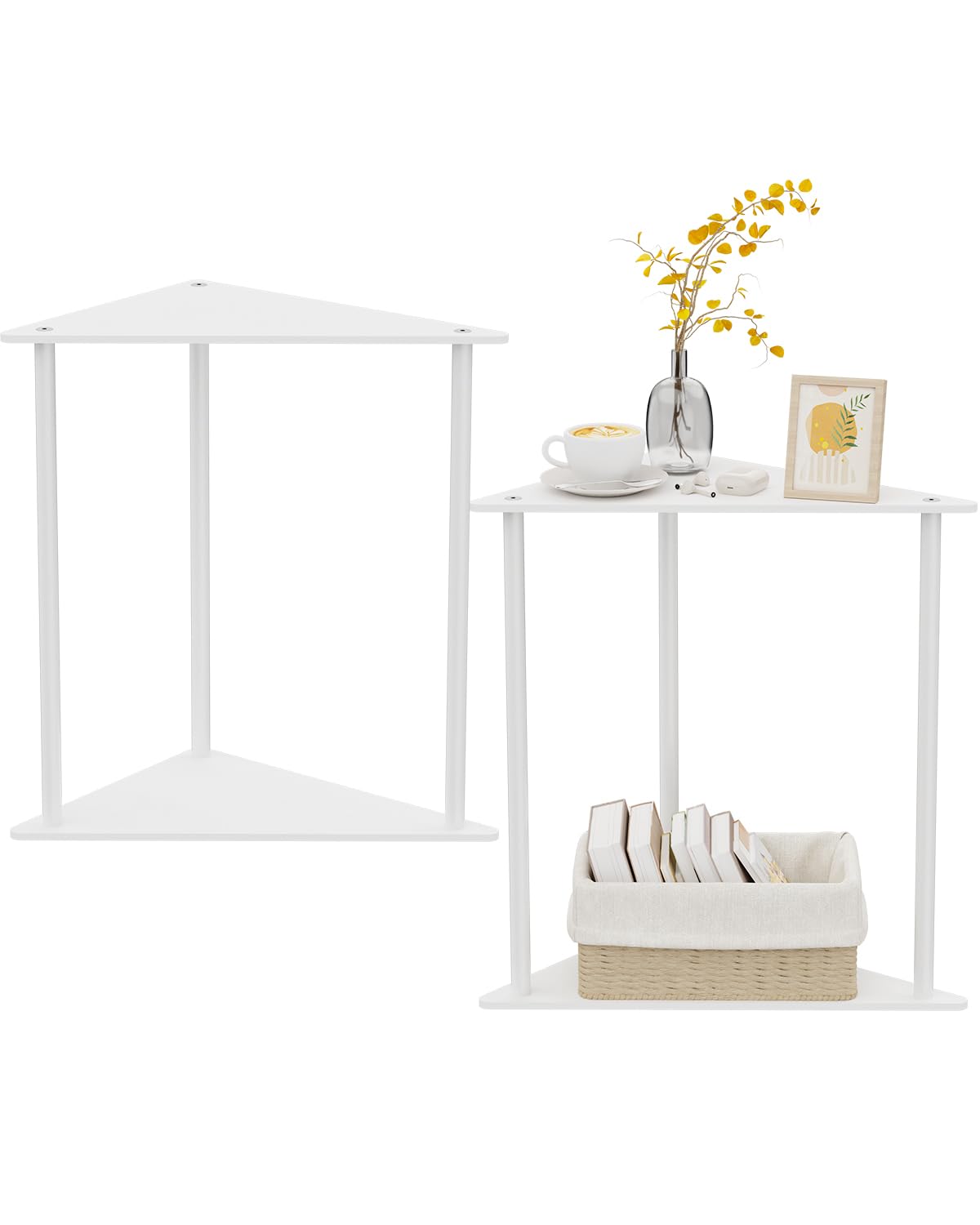 Yawinhe Metal Side Table,Small End Table with 2-Tier Storage Shelves,Nightstand for Small Spaces,Modern Tiered Triangle Coffee Table, Used for Living Rooms, Bedrooms,White,2 Pack, SZJ202W-2