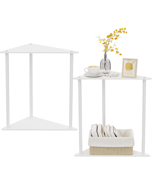 Yawinhe Metal Side Table,Small End Table with 2-Tier Storage Shelves,Nightstand for Small Spaces,Modern Tiered Triangle Coffee Table, Used for Living Rooms, Bedrooms,White,2 Pack, SZJ202W-2