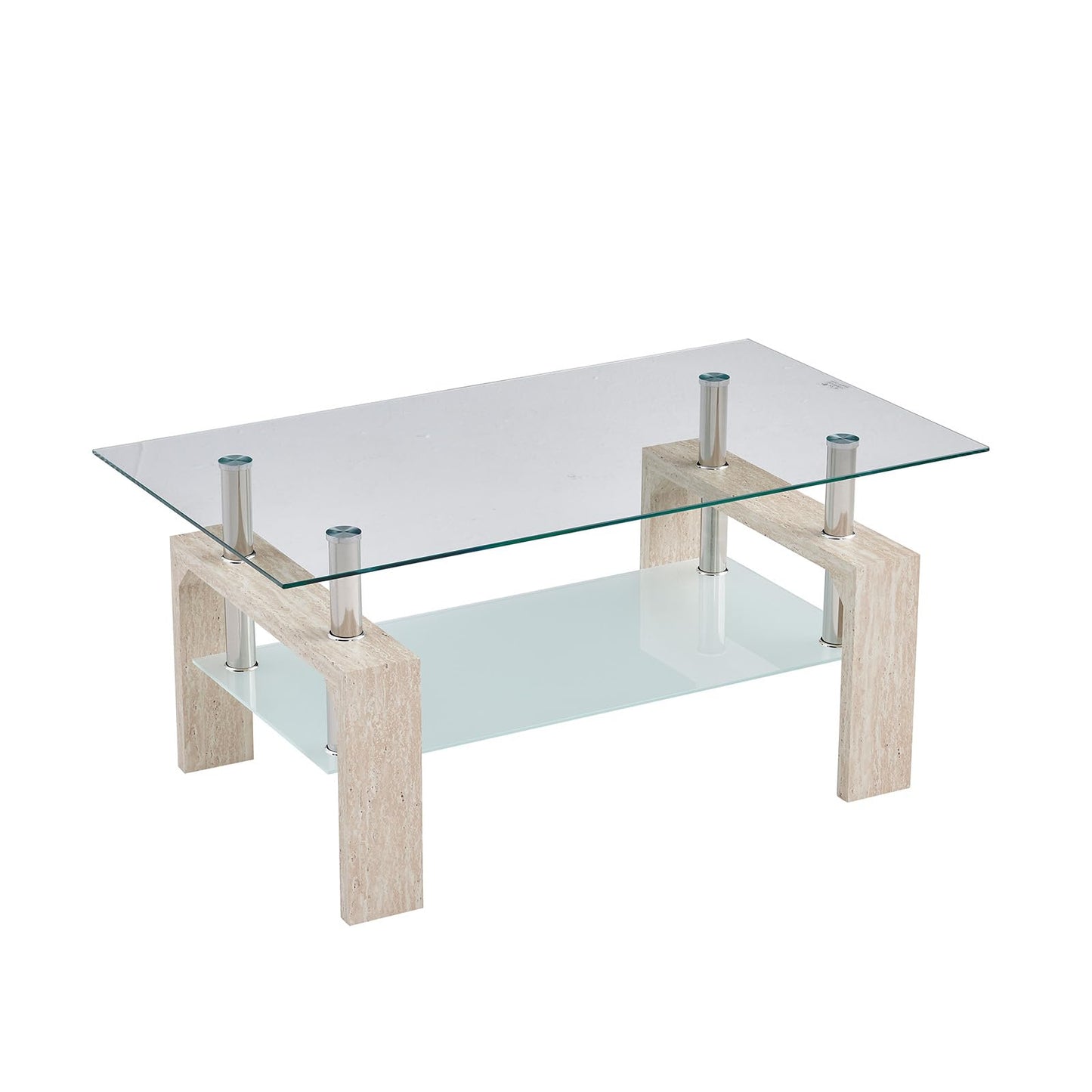 Living Room Rectangle Coffee Table, Tea Table Suitable for Waiting Room, Modern Side Coffee Table with Wooden Leg, Glass Tabletop with Lower Shelf (Yellow Travertine)