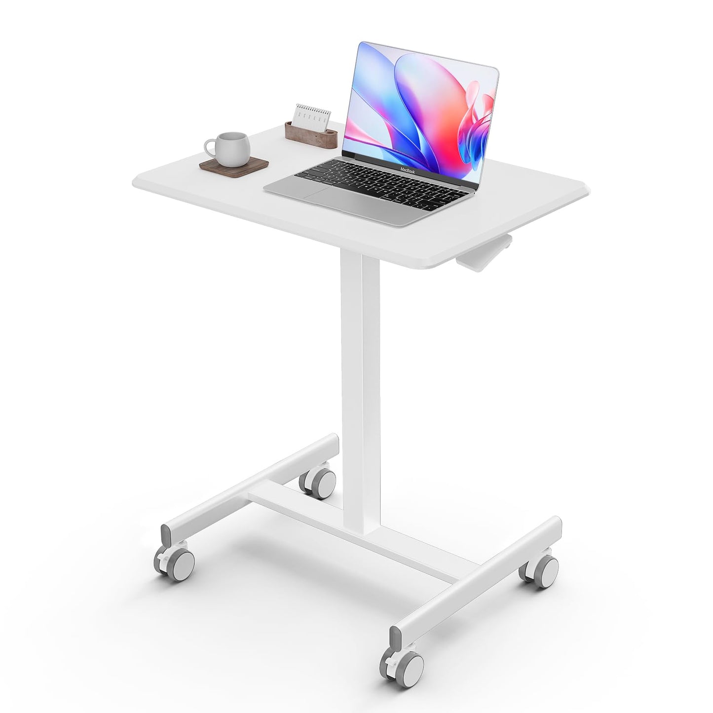 DUMOS Small Rolling Desk Mobile Standing Portable Laptop PC Table with Wheels Adjustable Height Computer Workstation for Home Office, Compact Small Space, Easy Assembly, White