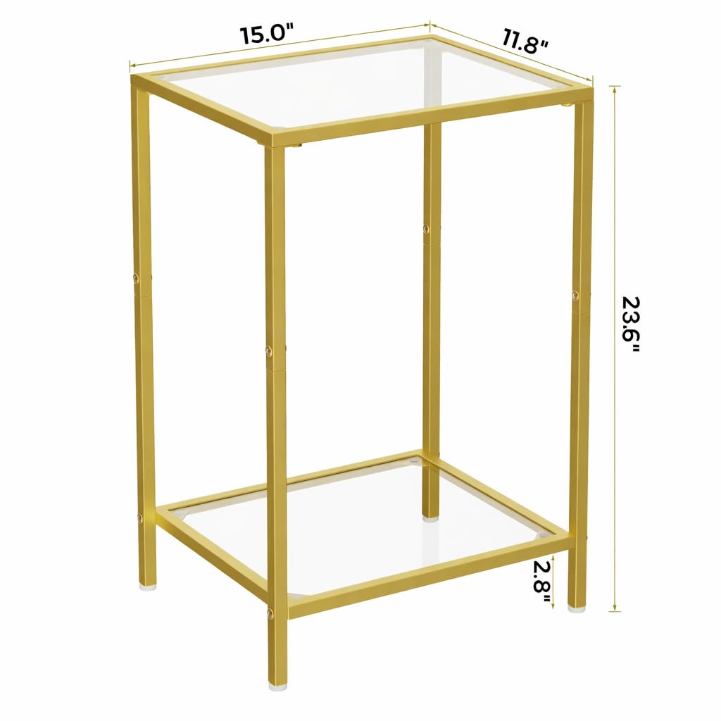 HOMSHO Side Tables Set of 2, End Tables with Tempered Glass, 2-Tier Nightstands with Storage Shelves, Coffee Table with Modern Style, Slim Sofa Table for Living Room, Bedroom, 11.8" D x 15" W, Gold