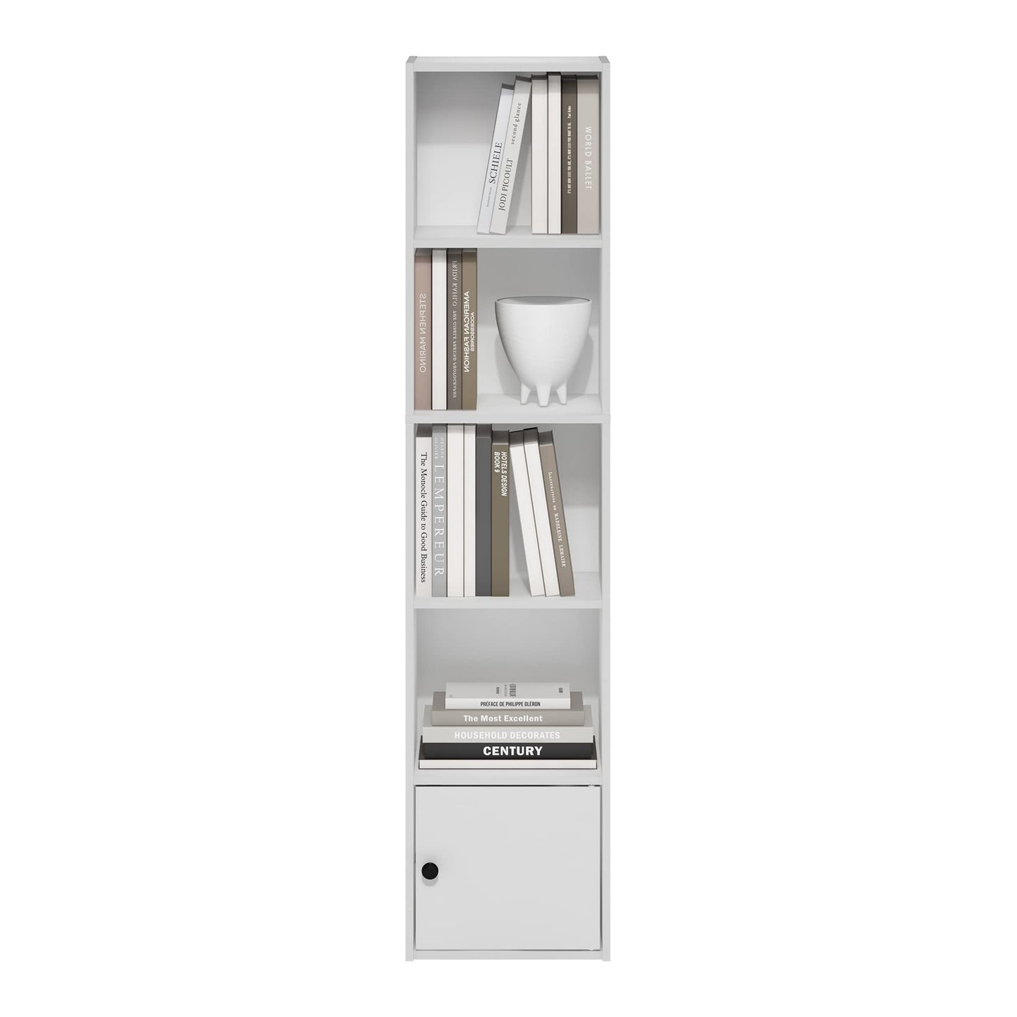 Furinno LUDER Book Shelf, 5-Tier Modern Bookshelf, Bookcase with 1 Door Storage Cabinet, 9.3 x 12 x 52, for Organization and Storage, for Living Room, Bedroom, Home Office, White