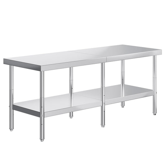 30" x 82" Commercial Stainless Steel Prep Table with Adjustable Under Shelf & Feet - Ideal for Kitchen, Restaurant, Hotel, Garage Workstation