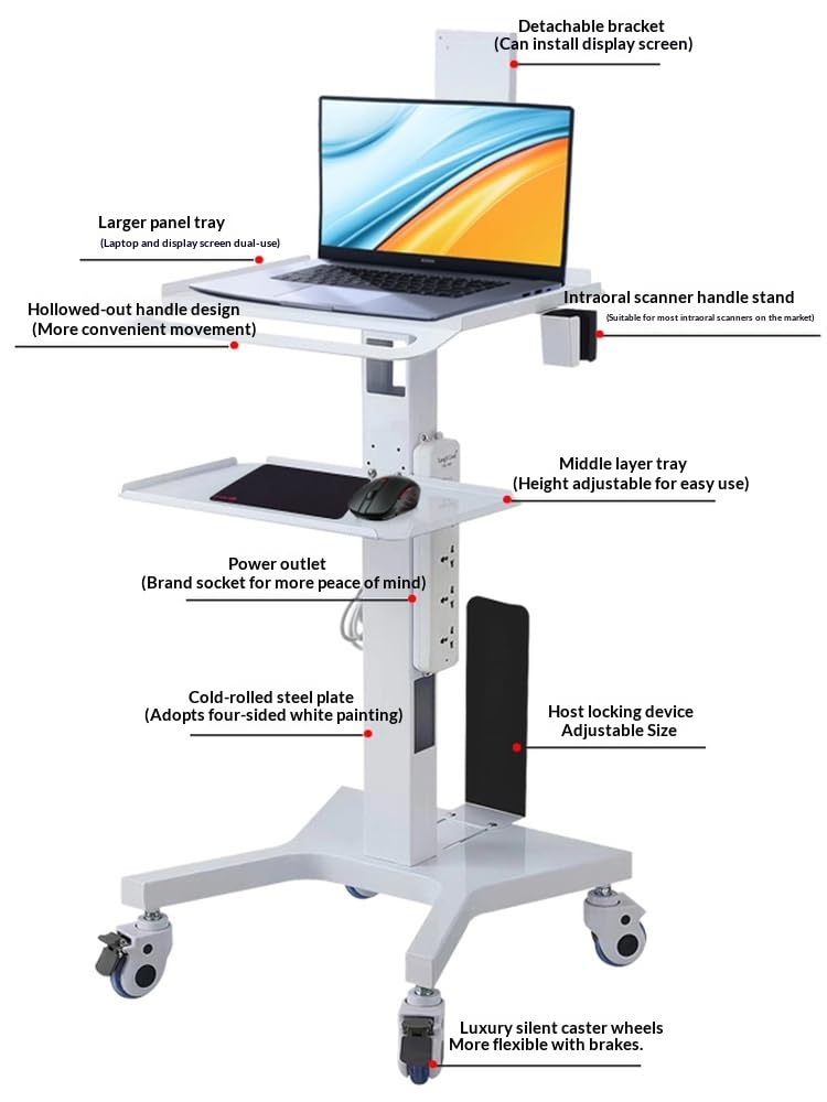Medical Laptop Workstation Cart with Wheels, Adjustable Height Rolling Lab Trolley with Scanner Holder - Sturdy Mobile Computer Desk for Dental Clinics, Hospitals, Offices & Medical Labs (KSJ002)