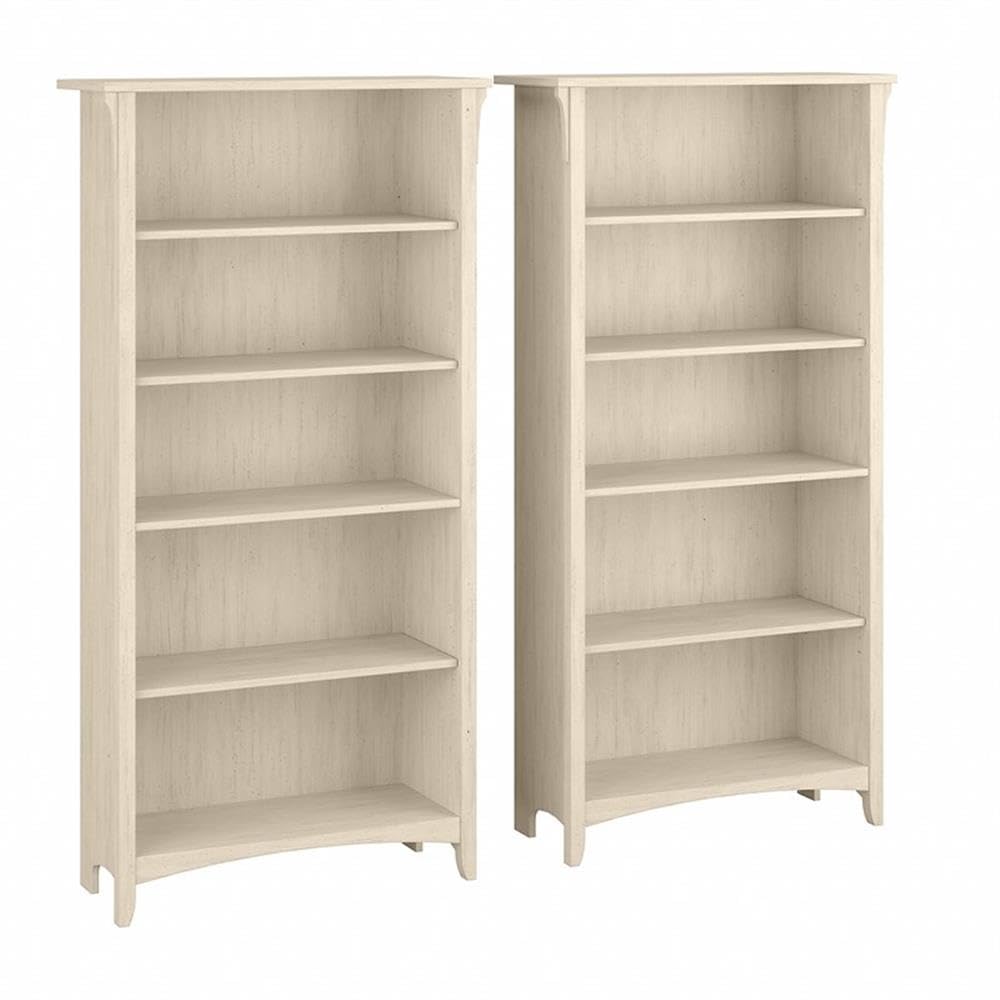 Bush Home Salinas Tall 5 Shelf Bookcase - Set of 2 in Antique White, Vertical Office Storage, Bookshelves for Home Workspace, Multi-Purpose Shelving Units