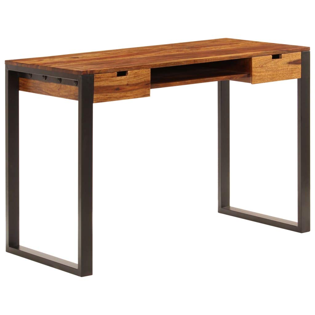 KHNLGFR Solid Acacia Wood Desk with 2 Drawers and Keyboard Shelf, 43.3"x21.7"x30.7" Steel Leg Computer Table for Home Office