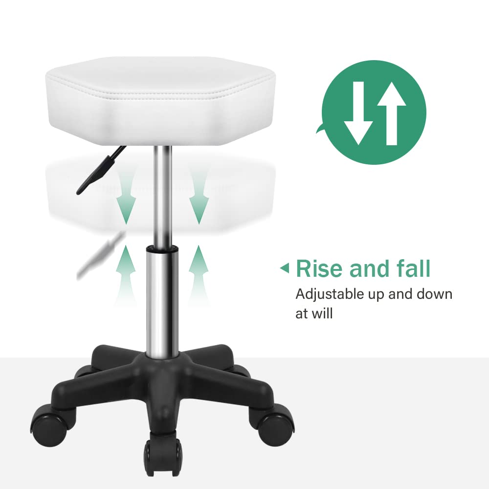 FURWOO Hexagon Rolling Stool Height Adjustable Stool with Wheels for Spa Salon Massage White