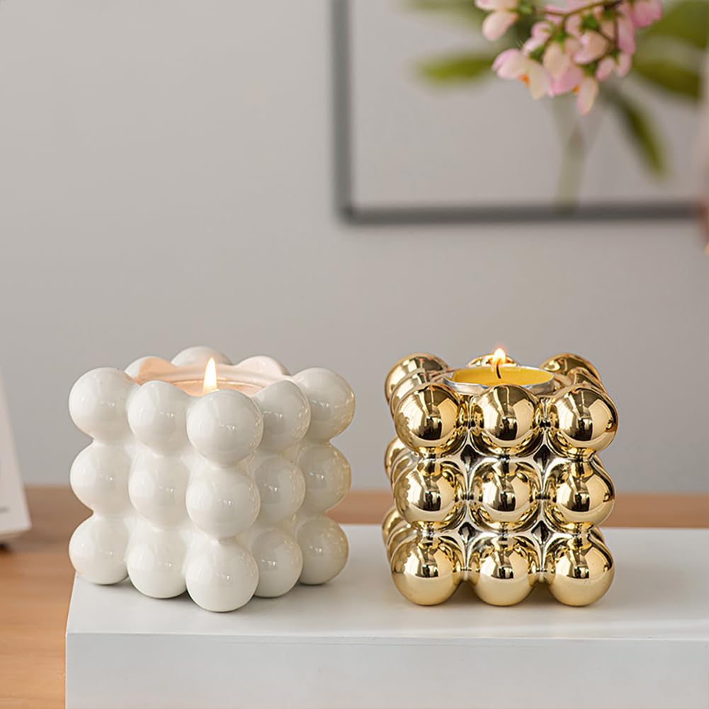Ceramic Cube Golden Candle Holder Handheld Candlestick Holders Decorative Candle Stand Middle East Arabian Festival Candlestick Dining Table Party Home Decoration Ornament (Gold)